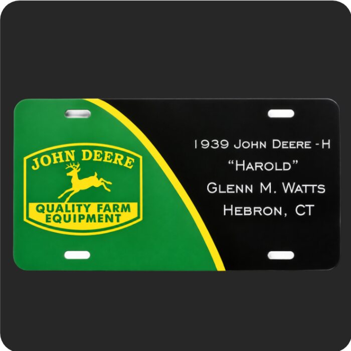 UV printed John Deere custom license plate