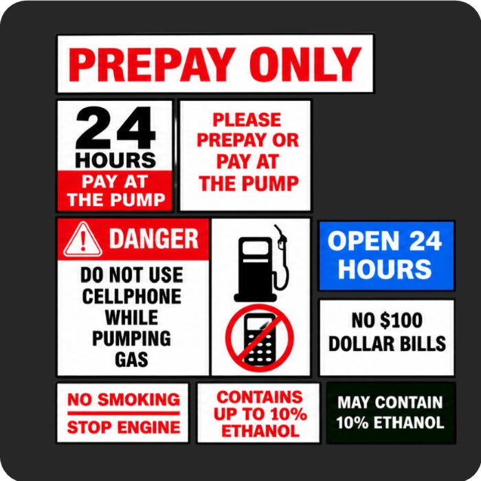 UV printed gas pump decals: prepay only, 24 hours, safety warnings